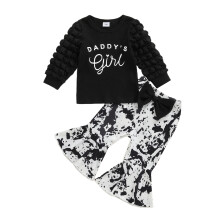 (2-3 Years, Black) Conjunto de 2 piezas para niñas: blusa de manga larga y pantalones acampanados con estampado de vaca.