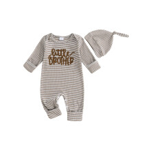 (0-3 Months, Khaki) Salopă cu dungi pentru bebeluși, la modă, cu litere brodate, guler rotund, mânecă lungă, cu pălărie