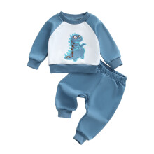(2-3 Years, Blue) Conjunto de 2 piezas para niños, otoño, pantalones y top de manga larga con bordado de dinosaurio.