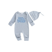 (3-6 Months, Blue) Salopă cu dungi pentru bebeluși, la modă, cu litere brodate, guler rotund, mânecă lungă, cu pălărie