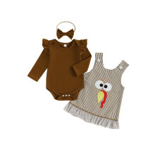 (12-18 Months, Coffee) Conjunto 3 piezas bebé niña: vestido a cuadros con bordado pavo/fantasma, pelele y diadema con lazo.