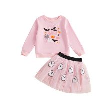 (1-2 Years, Pink) Conjunto de Halloween para niña: sudadera de manga larga y falda de fantasmas. Lindo set de dos piezas.