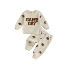 (6-12 Months, Beige) Conjunto de 2 piezas: jersey de cuello redondo y pantalones con estampado de fútbol para niño pequeño.