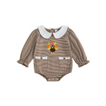 (6M, Brown) Mono de Acción de Gracias para bebé niña, manga larga, cuello de muñeca, bordado de pavo, pelele a rayas.
