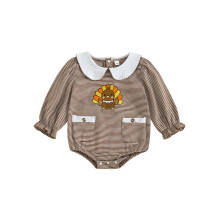 (3-6 Months, Coffee) Mono de Acción de Gracias para bebé niña, manga larga, cuello de muñeca, bordado de pavo, pelele a rayas.