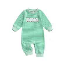 (0-3 Months, Green) Salopetă toamnă bebeluși, croială elegantă, golf brodat, dungi, guler rotund, mânecă lungă, nou-născuți