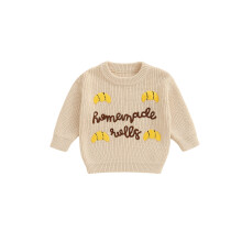 (18-24 Months, Beige) Kleinkind-Baby-Strickpullover mit modischer Buchstabenstickerei, Rundhalsausschnitt und langen Ärmeln