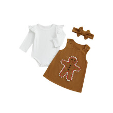 (0-3 Months, Brown) Conjunto navideño bebé niña: pelele largo liso, vestido sin mangas jengibre y diadema con lazo (3 piezas).