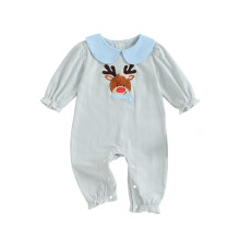 (6-12 Months, Blue) Mono navideño a rayas para bebé, bordado de reno, manga larga, cuello de muñeca, lindo mono de invierno y otoño