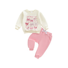 (0-6 Months, Pink) Conjunto de sudadera y pantalón con cuello redondo y estampado de letras cristianas para niña, 2 piezas, otoño