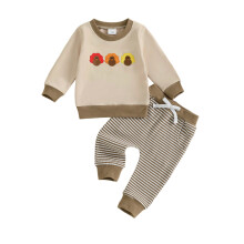 (6-12 Months, Khaki) Conjunto para bebé niño: sudadera de manga larga con bordado de pavo y pantalón rayado, ropa de Acción de Gracias.