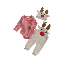 (6-12 Months, Red) Conjunto navideño para bebé, holgado, a rayas, de manga larga, con mono de reno de peluche y gorro, 3 piezas