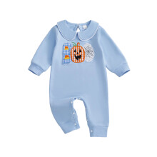 (0-3 Months, Blue) Salopetă de Halloween pentru bebeluși, brodată cu dovleac, mânecă lungă, guler de păpușă, toamnă