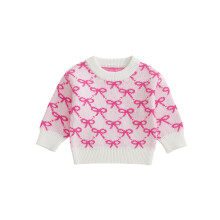 (12-18 Months, Pink) Taapero-vauvan tyttövauvan rusettipaita söpö pyöreä kaula-aukkoinen pitkähihainen neulepusero