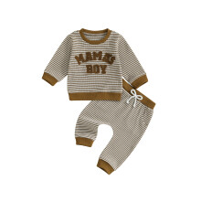 (18-24 Months, Khaki) Batolecí chlapecká pruhovaná souprava, módní dlouhý rukáv, výšivka, 2 ks, podzimní oblečení