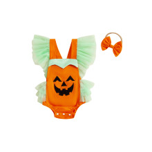 (12-18 Months, Orange) Halloween-Outfit für Babys: Ärmelloser Strampler mit Rüschen und Kürbis-Motiv, inklusive Stirnband
