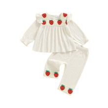 (18-24 Months, Beige) Conjunto otoñal de 2 piezas para niña: blusa de volantes y pantalón bordado de fresas