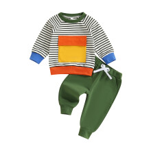(2-3 Years, Green) Peuter/babyjongens herfstset: modieuze gestreepte trui met lange mouwen en bijpassende effen broek, 2-delige outfit