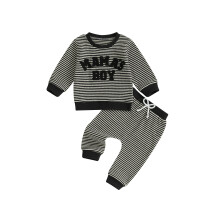 (0-6 Months, Black) Batolecí chlapecká pruhovaná souprava, módní dlouhý rukáv, výšivka, 2 ks, podzimní oblečení