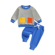 (12-18 Months, Blue) Peuter/babyjongens herfstset: modieuze gestreepte trui met lange mouwen en bijpassende effen broek, 2-delige outfit