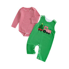 (0-3 Months, Red) Conjunto navideño bebé: pelele rayas con bordado árbol y camión, peto y pantalón (2 piezas).