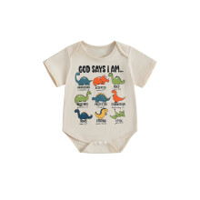 (6-12 Months, Beige) Baby-Sommer-Jumpsuit mit Buchstaben- und Dinosaurierprint, Kurzarm, Rundhalsausschnitt, süßer Body