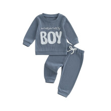 (6-12 Months, Blue) Chlapecké podzimní vaflové oblečení pro batolata, výšivka, set 2 ks s dlouhým rukávem.