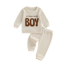 (12-18 Months, Beige) Chlapecké podzimní vaflové oblečení pro batolata, výšivka, set 2 ks s dlouhým rukávem.