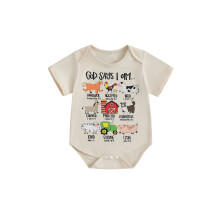 (6-12 Months, Beige) Baby-Sommer-Overall mit Buchstaben- und Tiermuster, Kurzarm, Rundhalsausschnitt, süßer Body
