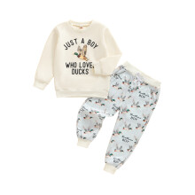 (18-24 Months, Khaki) Dětský dvoudílný outfit pro chlapce, mikina s potiskem kachních písmen a tepláky na podzim.