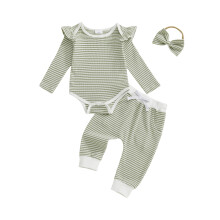 (12-18 Months, Green) Conjunto 3 piezas bebé niña: pelele manga larga, pantalón y diadema, ideal para otoño.
