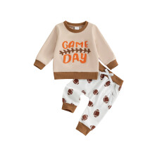 (18-24 Months, Beige) Dětská podzimní souprava 2 ks - mikina s dlouhým rukávem a kalhoty s fotbalovým potiskem, batolecí oblečení
