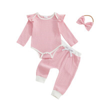 (9-12 Months, Pink) Conjunto 3 piezas bebé niña: pelele manga larga, pantalón y diadema, ideal para otoño.