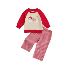 (12-18 Months, Apricot) Vánoční oblečení pro batolata a dívky, top s dlouhým rukávem a výšivkou Santa Clause, kostkované kalhoty