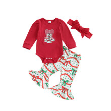 (12-18 Months, Red) Conjunto navideño bebé niña: pelele de manga larga con bordado, pantalones con estampado de lazo y diadema.
