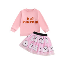 (4-5 Years, Pink) Dziewczęcy strój na Halloween, 2 sztuki, spódnica i bluzka, tiul z nadrukiem ducha.