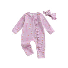 (3-6 Months, Pink) Herbstliches Outfit für Babys: Langärmliger Jumpsuit mit Schleife und Entenmuster, dazu ein Stirnband