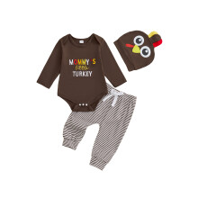 (12-18 Months, Brown) Dětské oblečení na Den díkůvzdání, 3 ks, kombinéza s dlouhým rukávem, overal + kalhoty + čepice.