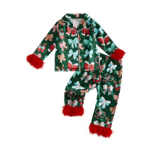 (6-7 Years, Green) Pijama navideño para niñas, 2 piezas: camisa de botones y pantalones de lazo, ropa de estar por casa.