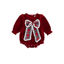 (12-18 Months, Red) Samt-Weihnachtsstrampler für Babys, locker geschnitten, mit dekorativer Schleife, langen Ärmeln und Ballonärmeln