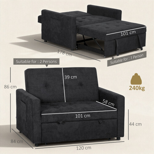 Homcom HOMCOM 2 Seater Sofa Bed Convertible Bed Settee with Pillows, Black 2