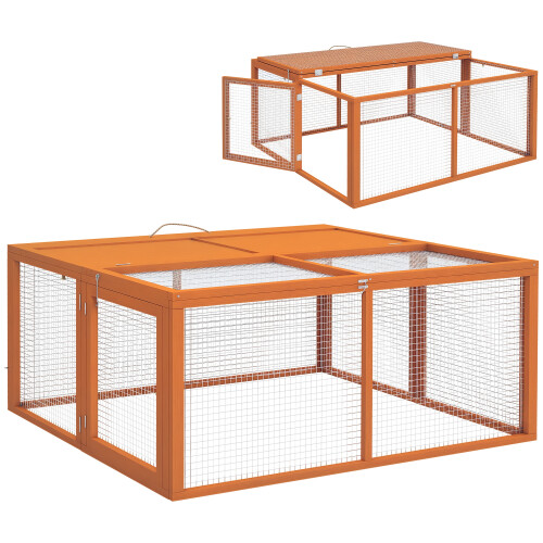 PawHut PawHut Rabbit Hutch, Folding Wooden Rabbit Run with Openable Top, Orange 1