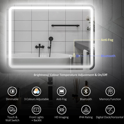 Homcom HOMCOM 600 x 800 mm Illuminated Bathroom Mirror with Bluetooth Clock Silver 1