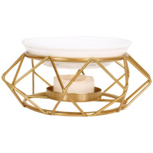 Candle Warmer with Ceramic Dish and Geometric Metal Holder for Home Fragrance and Decor Gold 10x6cm