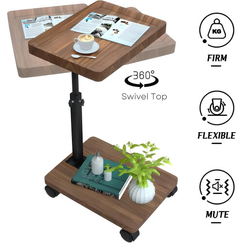 Adjustable C Shaped Side Table with Wheels, 360 Swivel Overbed Table for Sofa and Bed, Walnut 1