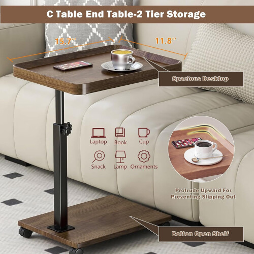 Adjustable C Shaped Side Table with Wheels, 360 Swivel Overbed Table for Sofa and Bed, Walnut 2