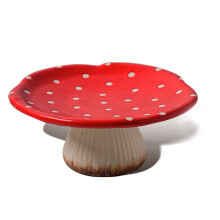 Mushroom Cake Stand 9 Inch Handglazed Ceramic Dessert Display Plate with Charming Red Design