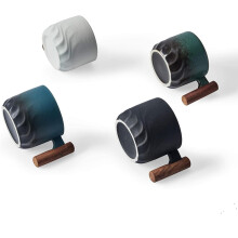 Ceramic Espresso Cups with Wooden Handle, Japanese Style 2.5oz Coffee Cup Set of 4, Multicolor