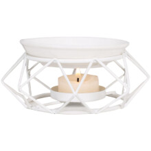 Essential Oil Burner with Geometric Metal Frame and Ceramic Dish for Home Decor Aromatherapy White 10x6cm