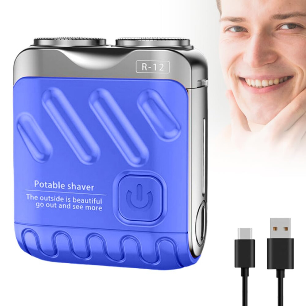 Blue Electric Shaver For Men With Dual Ring Blade, Usb Rechargeable Compact Travel Razor